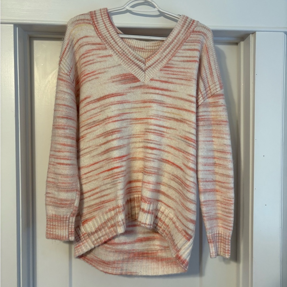 Striped V-Neck Sweater - Cream and Pink